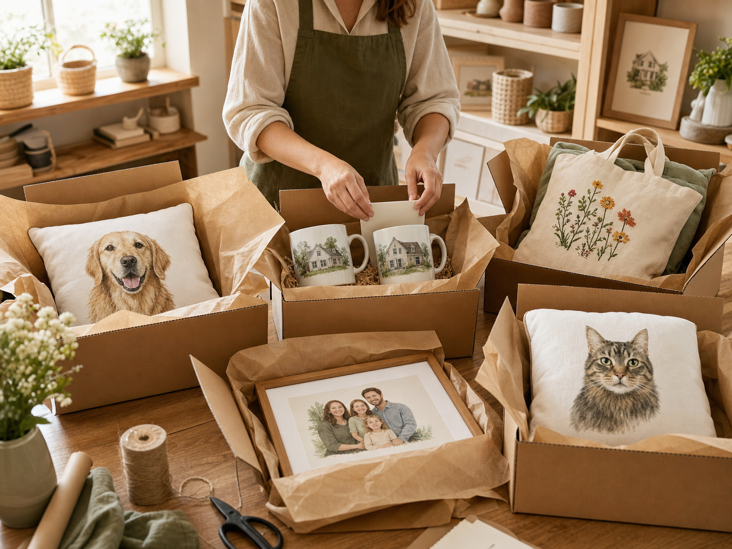 A personalized Etsy gift shop packing several unique customer orders
