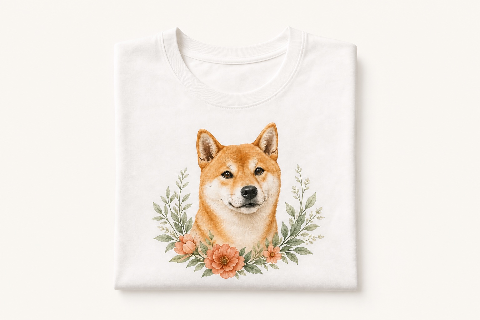 A white T-shirt personalized with a shiba inu portrait