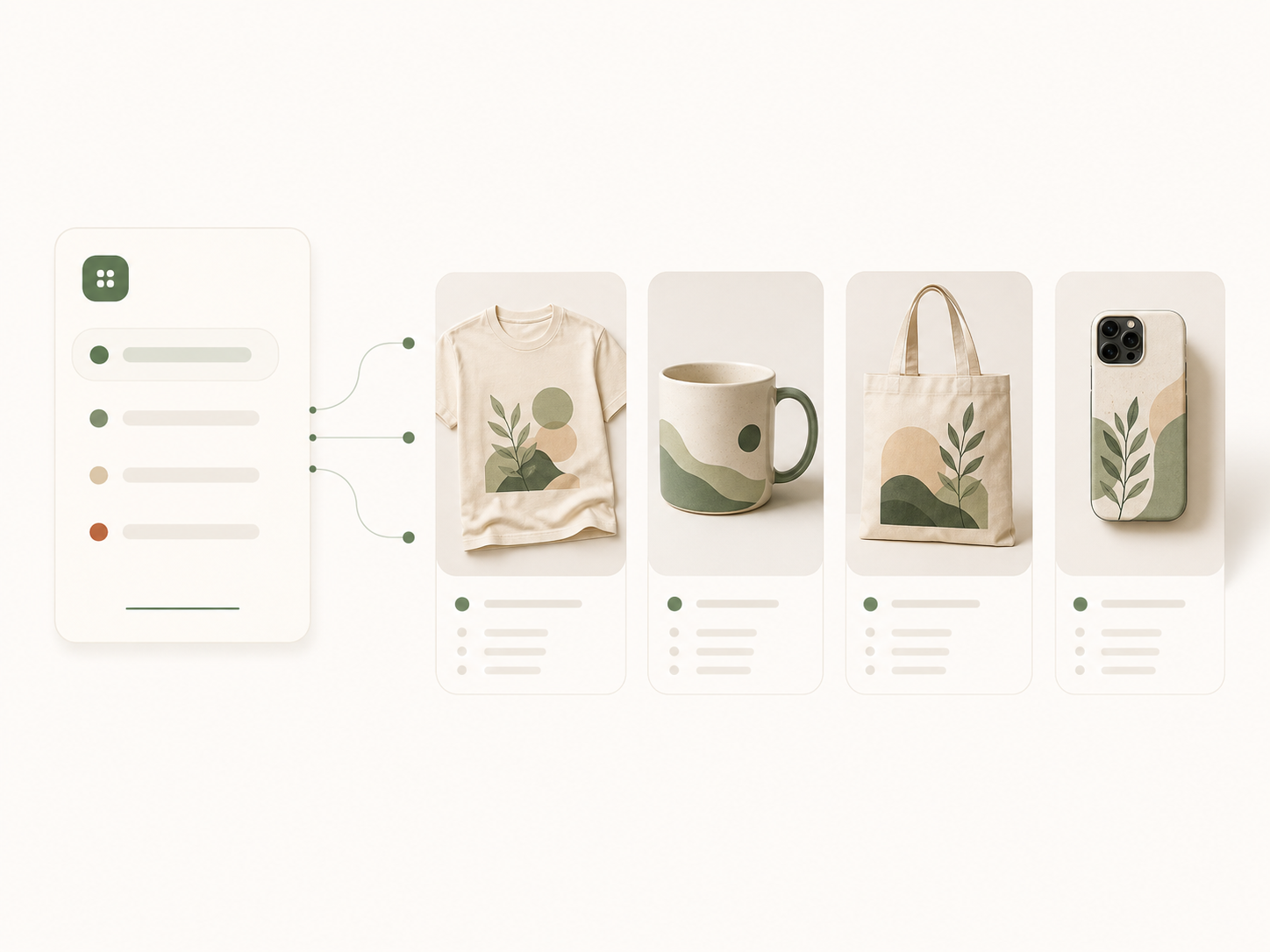 A product Skill panel expanding into shirts, mugs, tote bags, and phone cases
