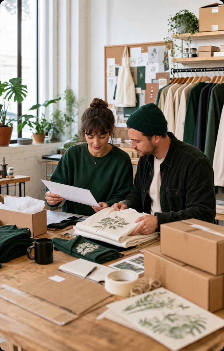 A growing print-on-demand team reviewing product orders