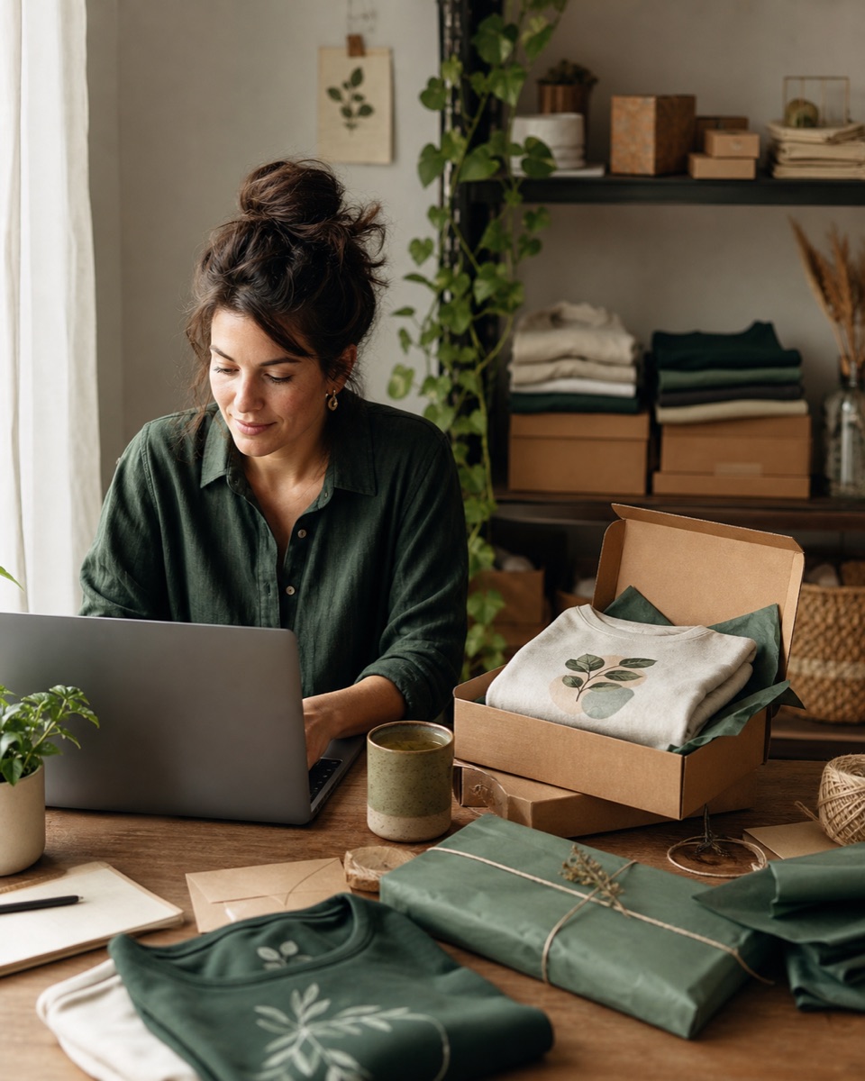 An independent ecommerce creator working from a home studio